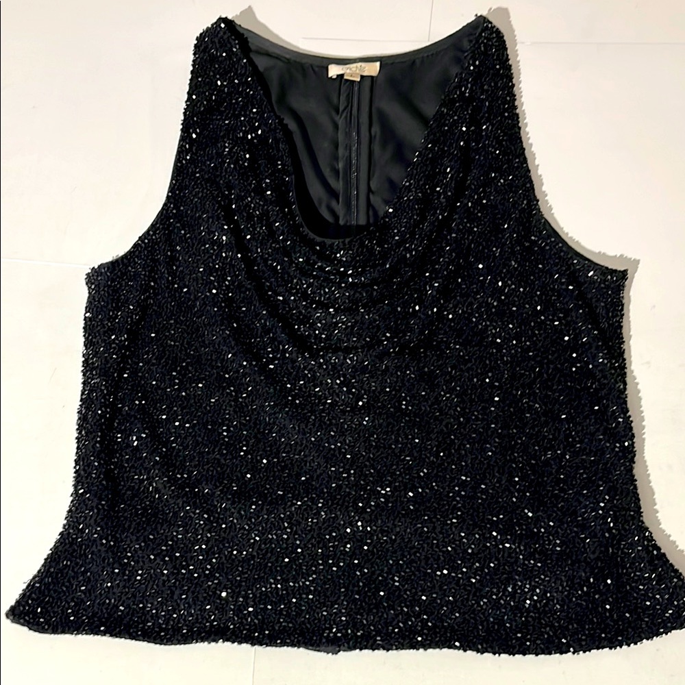Cache 100% Pure Silk Elegant Black Beaded Women's Tank Top V-Neck Shirt M/L